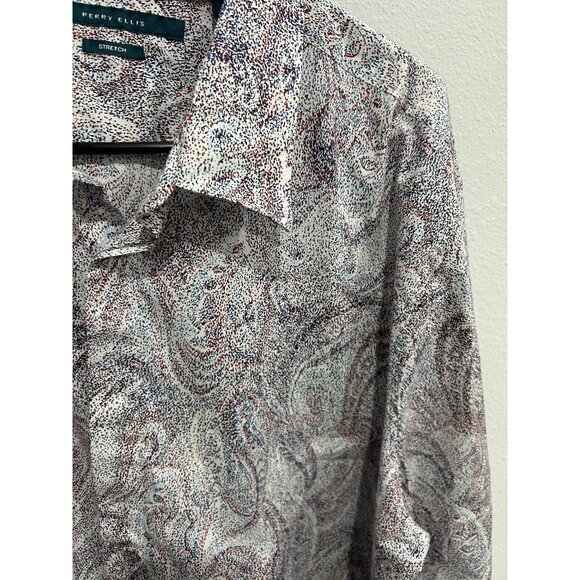 Perry Ellis Dotted Paisley Button Front Long Sleeve Shirt Blue Red Sz XXL Office - Picture 4 of 10